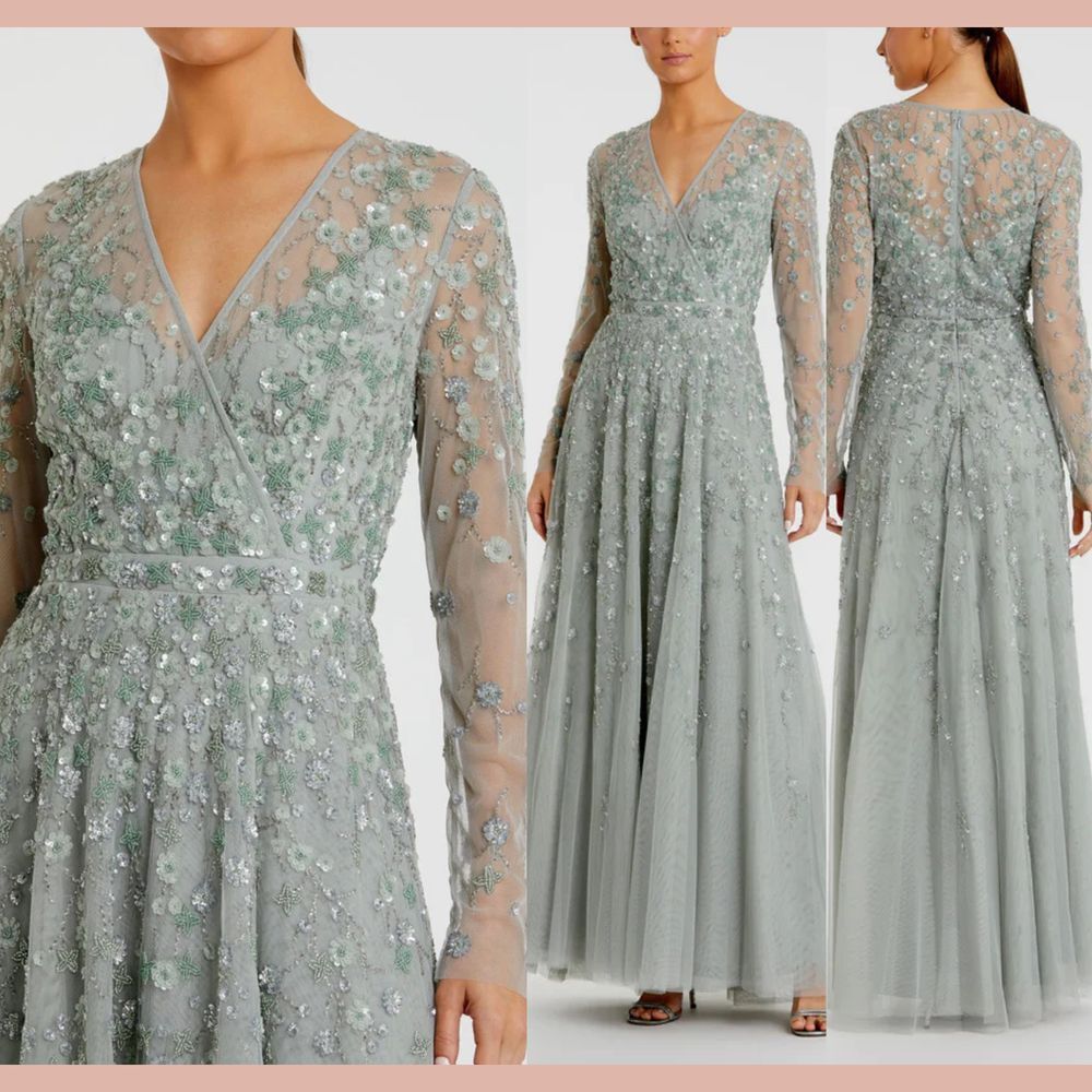 NEW Mac Duggal [ 10 ] 9131 Wrap Over Illusion Long Sleeve A Line Gown Sage Q1070